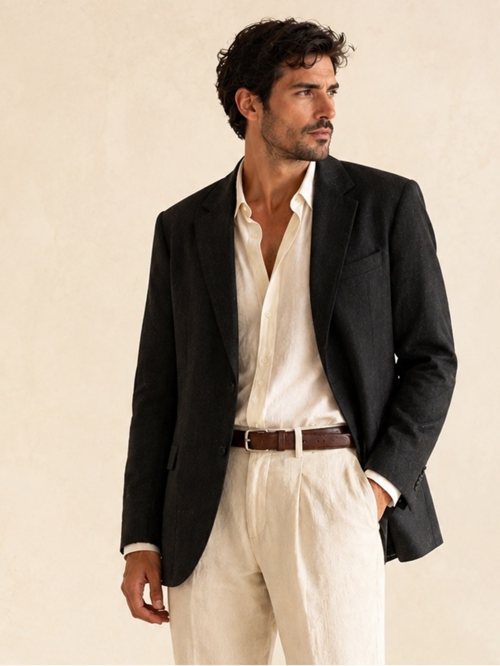 Tailored Black Linen Blend Blazer Structured Quiet Luxury Oversized Size 46R